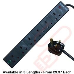 6 Way Socket Gang Block Surge and Spike Protected Extension Lead Black