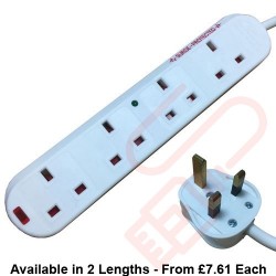 White - 4 Way Socket Gang Block Surge and Spike Protected Extension Lead