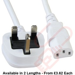 UK Mains Plug (5 Amp) to C13 High Grade 0.75mmSq PVC Power Cables White
