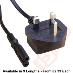 UK Plug (3 Amp) to C7 Figure of 8 PVC Power Cable Black