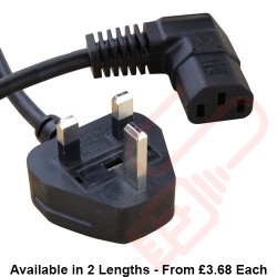 UK Mains Plug (5 Amp) to C13 Angled Right Power Cables