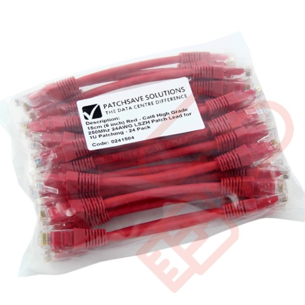 24 Pack of 15cm (6-inch) in Red - Cat5e High Grade 125MHz 24AWG LSZH Patch Cables for 1U Patching