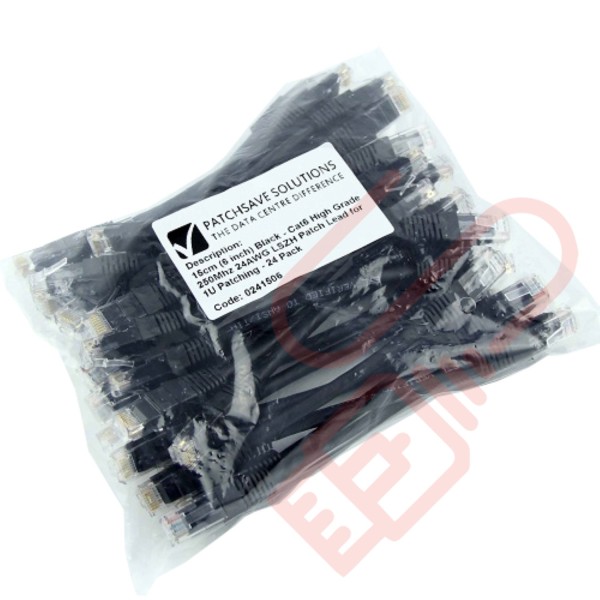 24 Pack of 15cm (6-inch) in Black - Cat5e High Grade 125MHz 24AWG LSZH Patch Cables for 1U Patching
