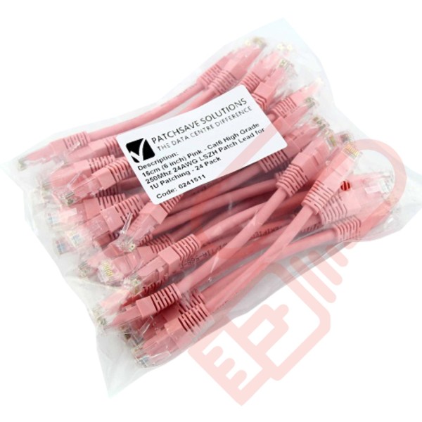 24 Pack of 15cm (6-inch) in Pink - Cat5e High Grade 125MHz 24AWG LSZH Patch Cables for 1U Patching