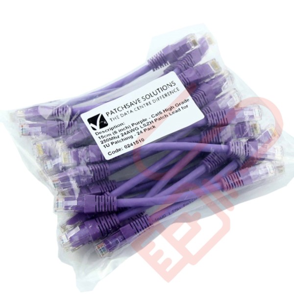 24 Pack of 15cm (6-inch) in Purple - Cat6 High Grade 250MHz 24AWG LSZH Patch Cables for 1U Patching