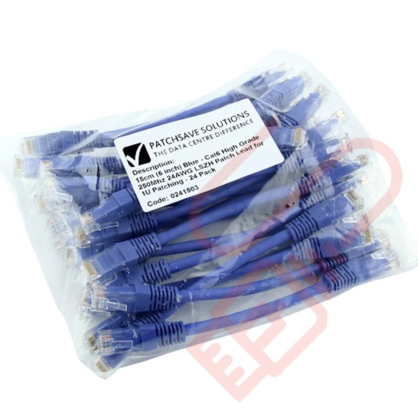 24 Pack of 15cm (6-inch) in Blue - Cat6 High Grade 250MHz 24AWG LSZH Patch Cables for 1U Patching