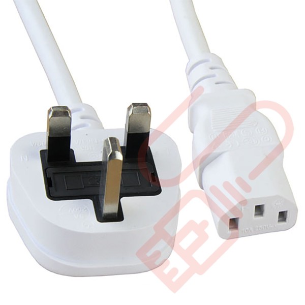 UK Mains Plug (5 Amp) to C13 High Grade 0.75mmSq PVC Power Cables White
