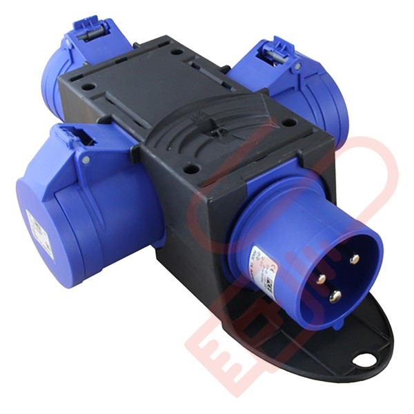 32Amp Power Junction Box -  IEC309 Commando Male Plug to 3x Commando Female Sockets Power Distribution Unit