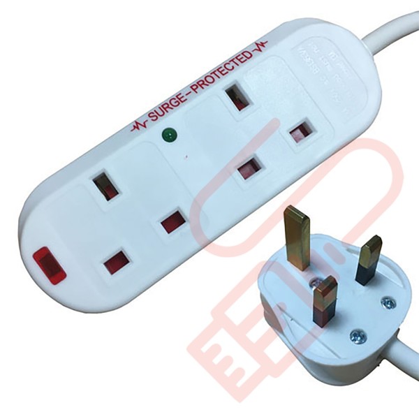 White - 2 Way Socket Gang Block Surge and Spike Protected Extension Lead