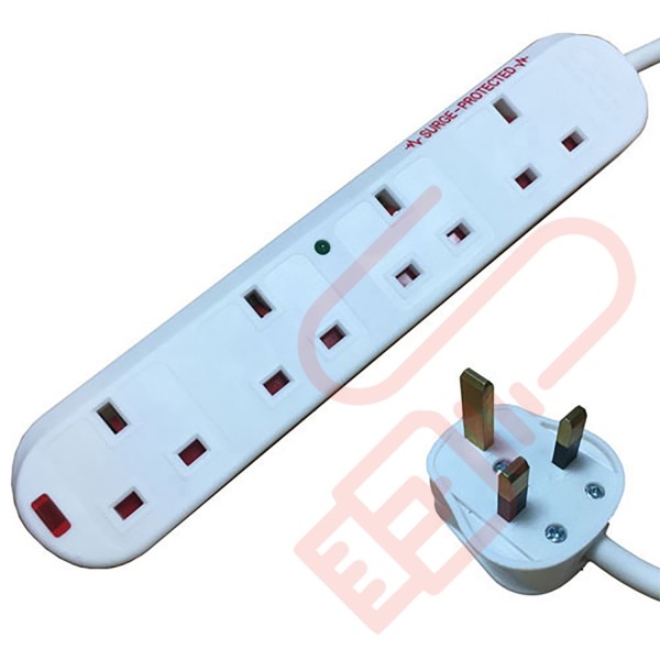 White - 4 Way Socket Gang Block Surge and Spike Protected Extension Lead