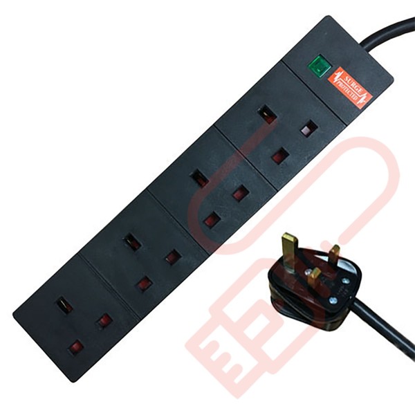 4 Way Socket Gang Block Surge and Spike Protected Extension Lead Black