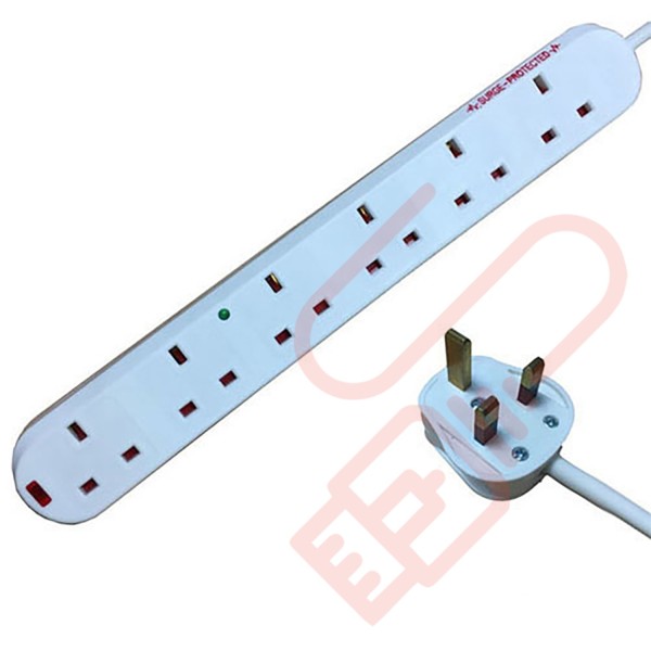 White - 6 Way Socket Gang Block Surge and Spike Protected Extension Lead