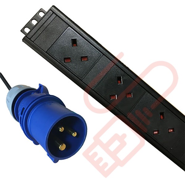 Vertical UK Socket to 16 Amp Plug with 3 Metre Trailing Cable Rack PDU