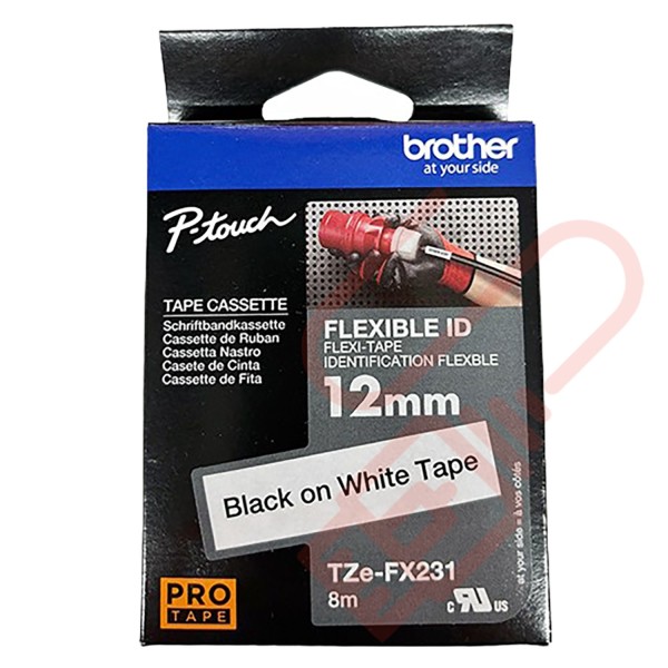 TZEFX-231 Brother 12mm Wide Tape Black On White Flexible ID Laminated